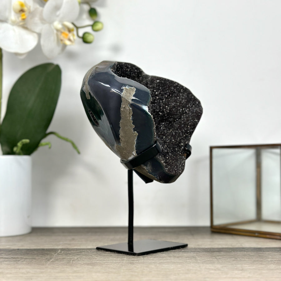 Natural Druzy Quartz Geode in Stand – Unique Black Crystal Display Piece - MWS2897