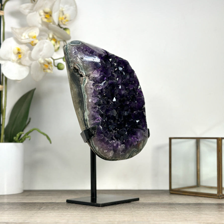 Uruguayan Amethyst Geode with Green Jasper Shell on Metal Stand - MWS2785