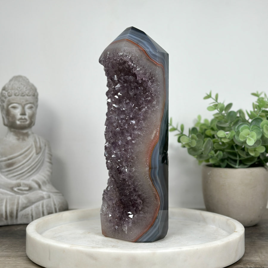 Outstanding Natural Blue Banded Agate &amp; Ametnyst Stone Tower  - STP0172
