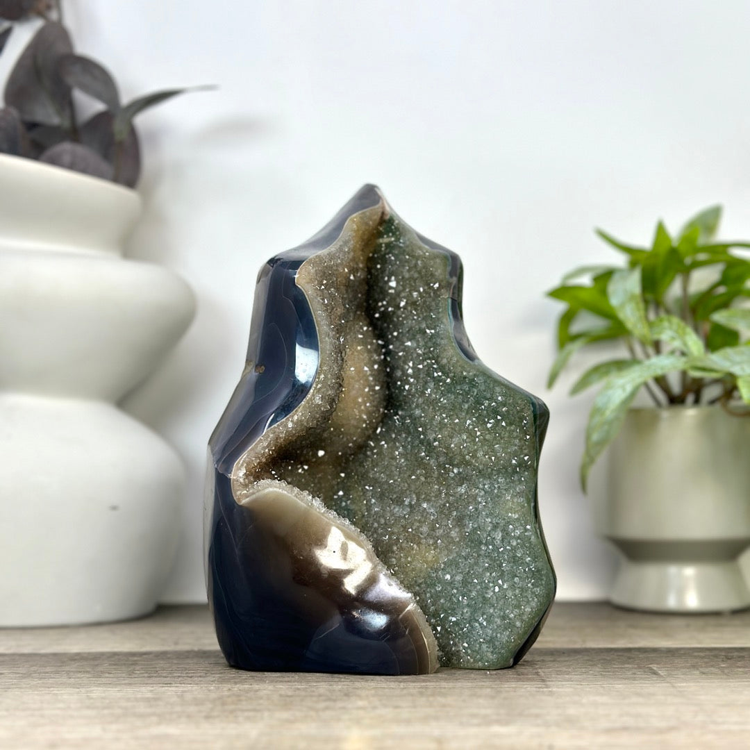 Unique Blue Banded Agate with Pink Amethyst Interior Statement Piece - CBP1397