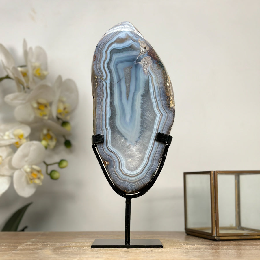 Blue Agate Polished Slice with Metal Stand – Uruguayan Gemstone for Shelf or Altar - MWS2010