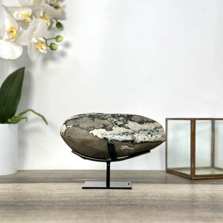 Green Quartz Geode with Calcite Crystal on Metal Stand - MWS2722
