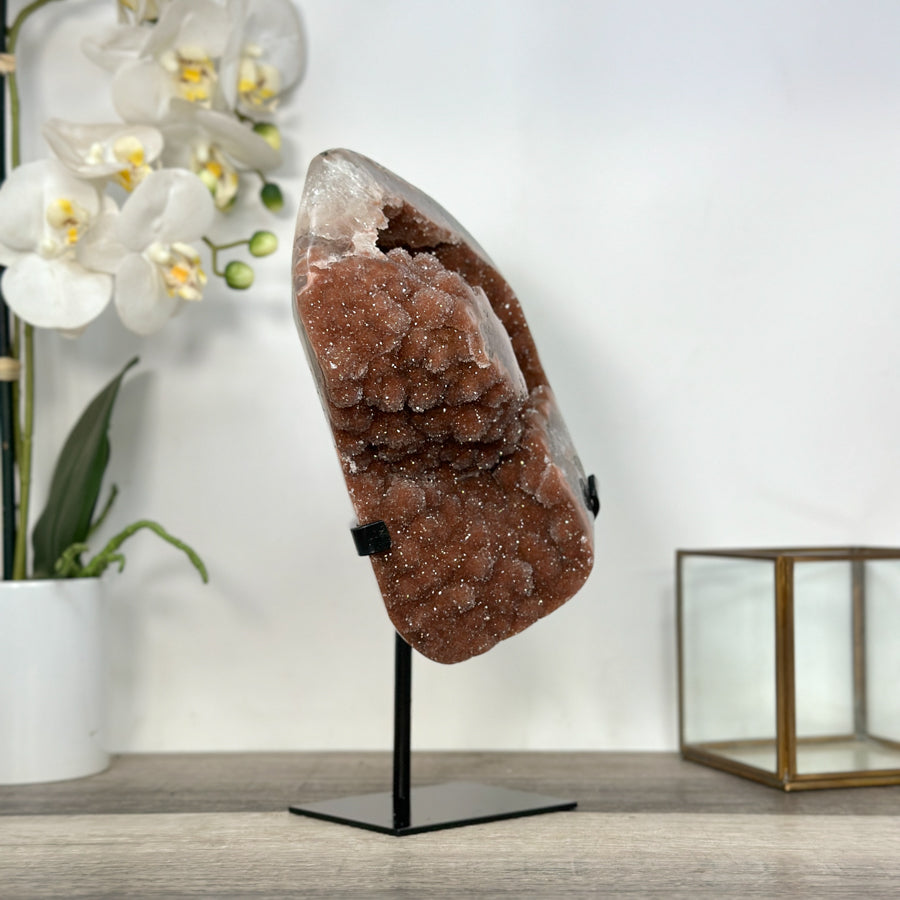 Unique Orange Sugar Druzy Crystal on Metal Stand – Stunning Natural Stone for Meditation Space Decor - MWS2707