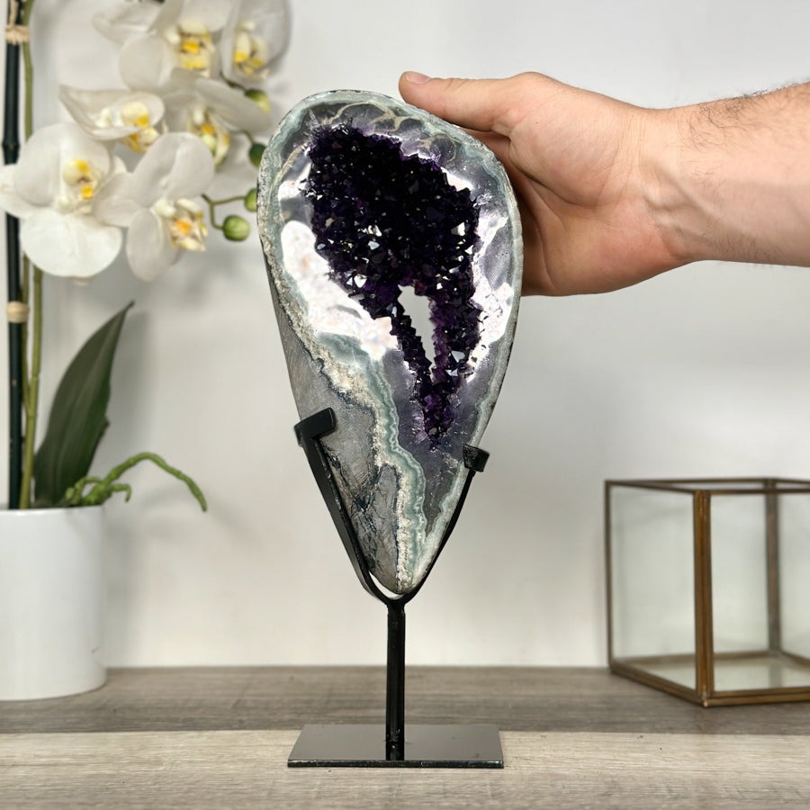 Deep Purple Amethyst Geode on Metal Stand – Stunning Crystal Formation for Shelf Display - MWS2701