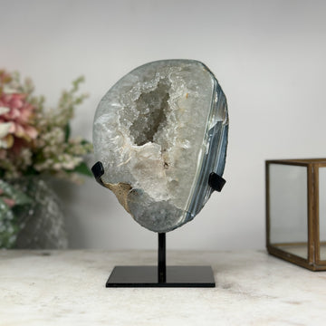 Gorgeous Quartz & Banded Agate Geode with Metallic Base: Perfect for Home Decor or Office Display - MWS0839