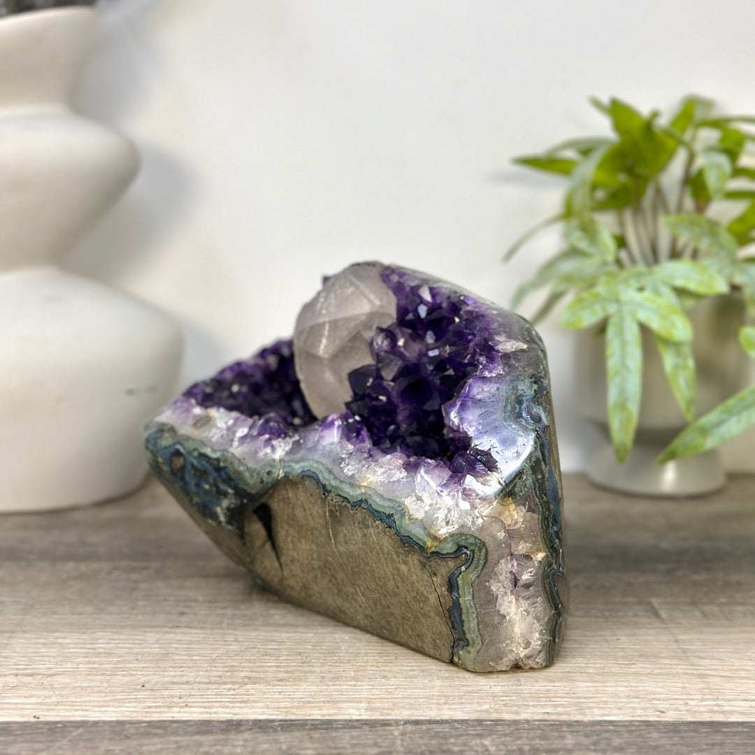 Deep Purple Amethyst Geode with Calcite Crystal - STGE0096