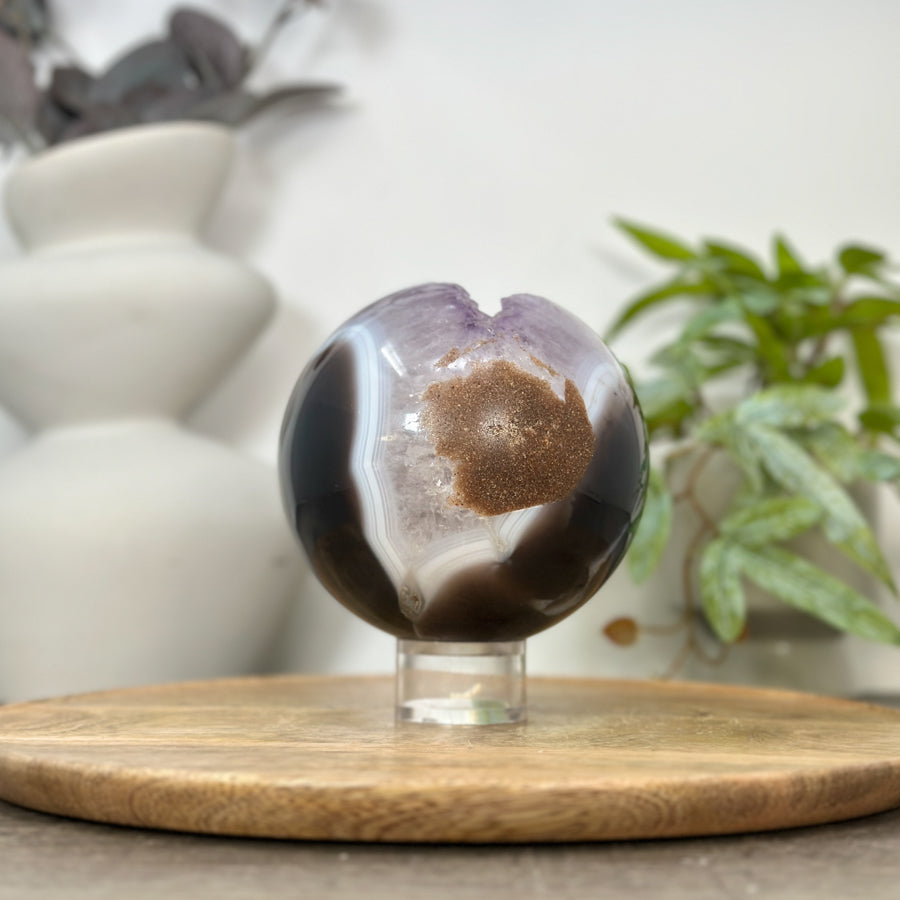 Amethyst &amp; Banded Agate Sphere Geode with Druzy Crystal Cavity - SPH0182