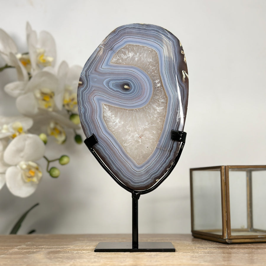 Banded Blue Agate Slice from Uruguay – Polished Stone Display for Healing Decor - MWS2006
