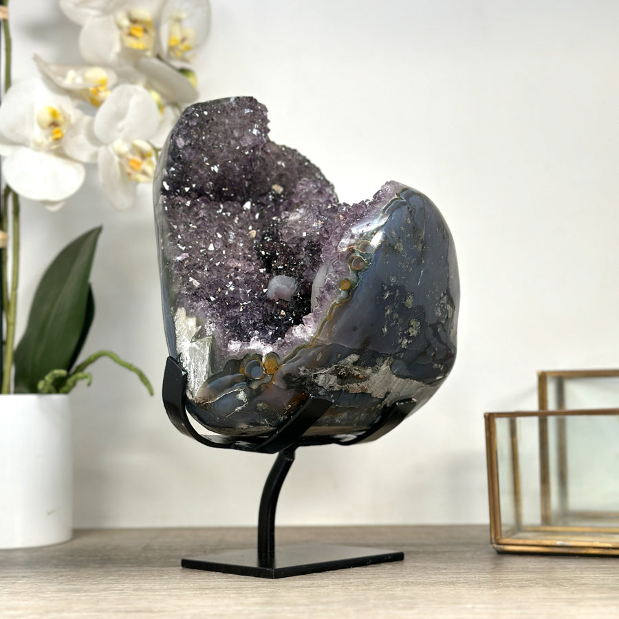 Natural Amethyst and Agate Specimen with Black Hematite Formations - MWS2394