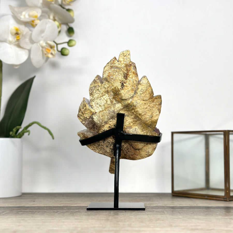 Pink Amethyst Stone Leaf Carving - Metal Stand Included - MWS2805