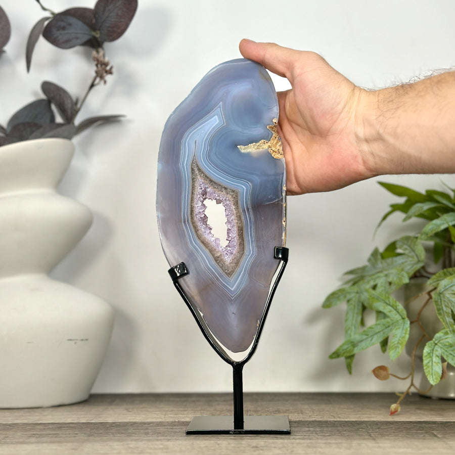 Blue Banded Agate &amp; Amethyst Geode Slice Portal - MWS3248