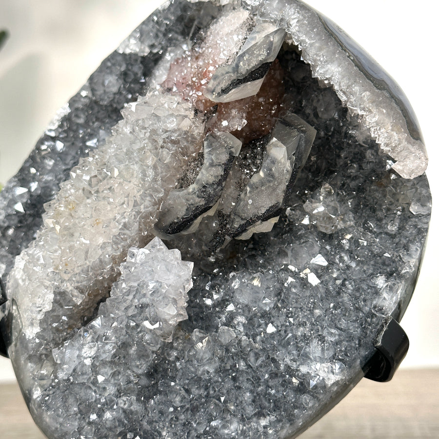 Quartz Crystal with Calite Geode on Stand Mineral Specimen