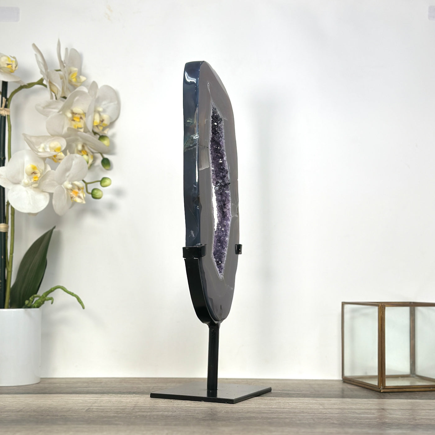 Amethyst &amp; Agate Slice on Stand – Home Decor Crystal Display Specimen - MWS2673