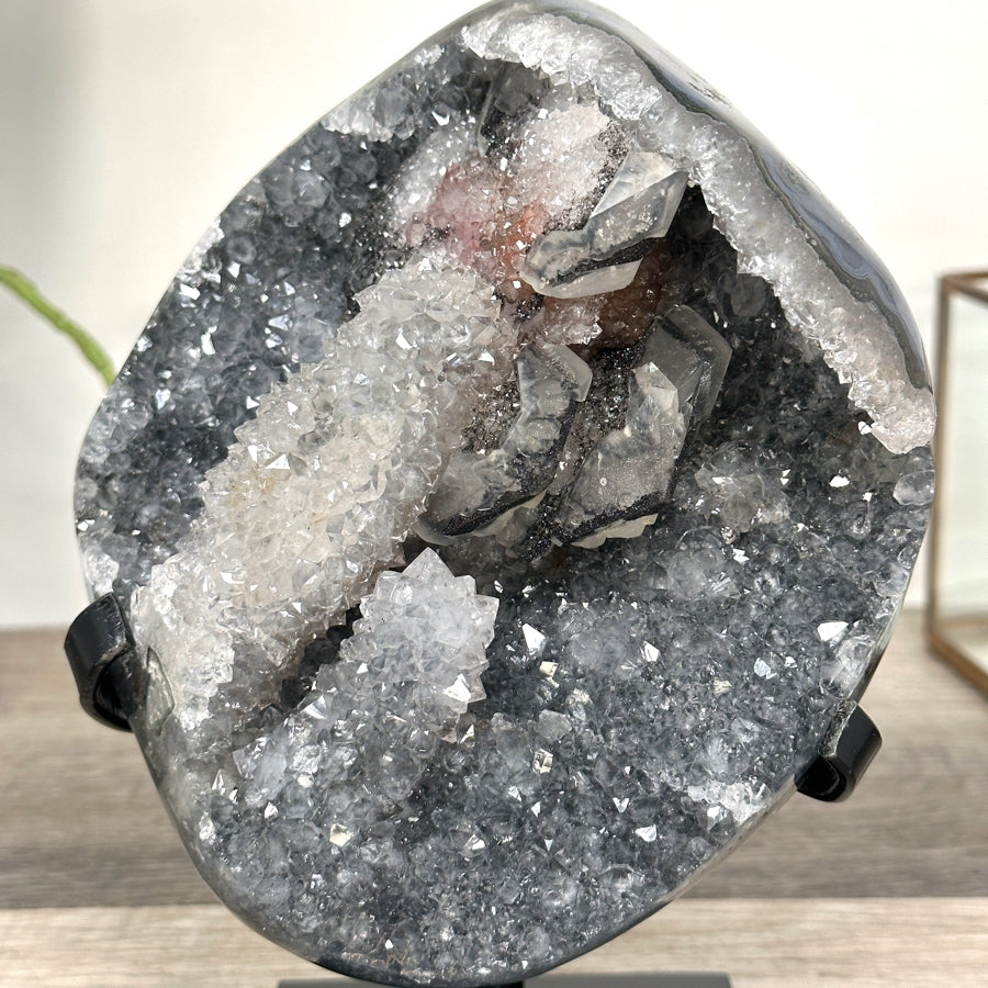 Quartz Crystal with Calite Geode on Stand Mineral Specimen