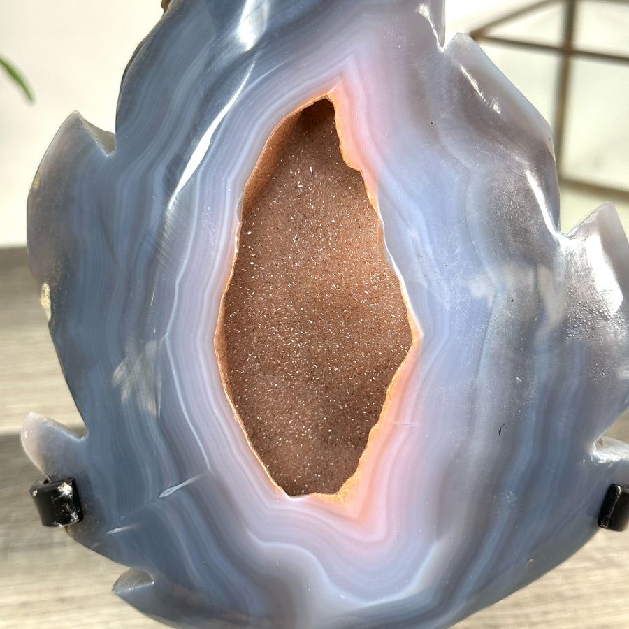 Natural Blue Banded Agate Geode Stone Leaf Carving with Orange Druzy Interior - MWS2807