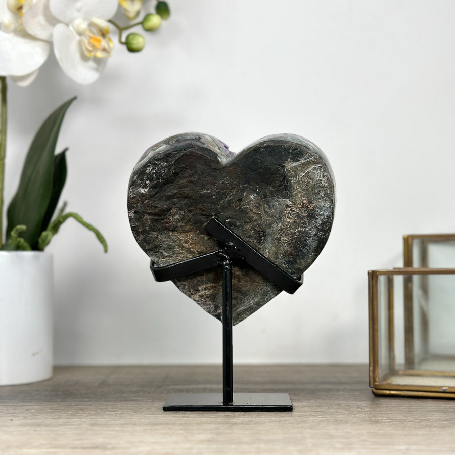 Top Grade Large Amethyst Crystal Heart, Metallic Stand Inluded - HST0283