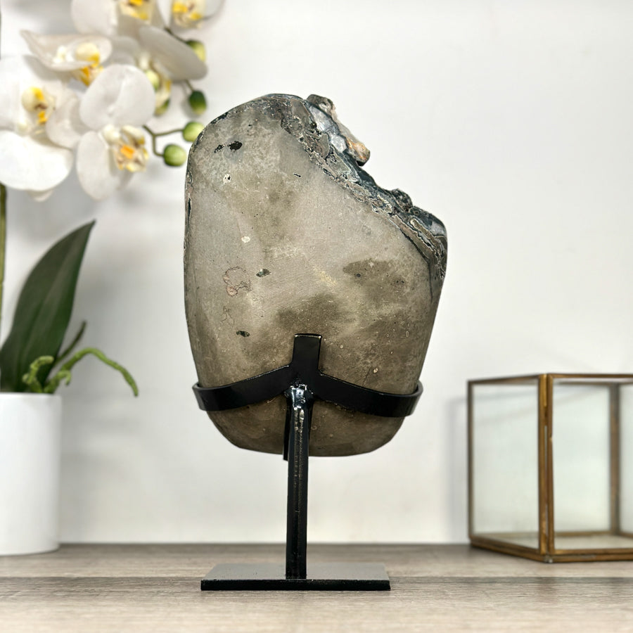 Black Amethyst Crystal Specimen with Calcite Formations on Metal Stand - MWS2871