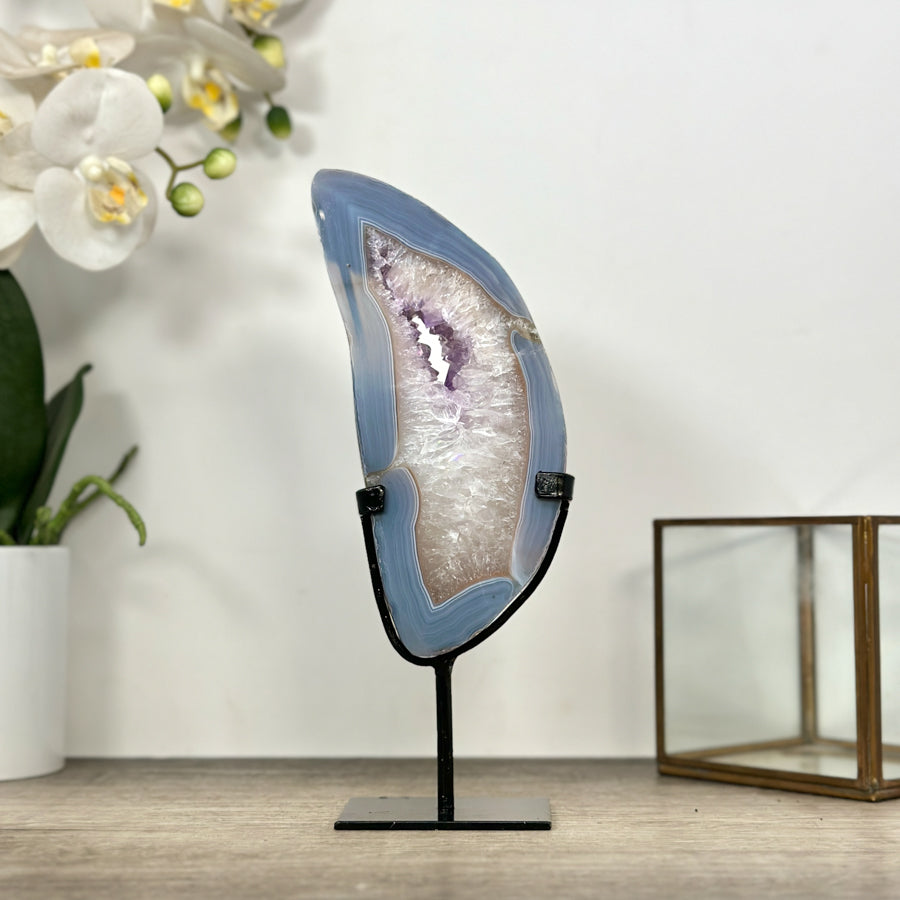 Blue Banded Agate Stone Slice on Metal Stand - MWS3002