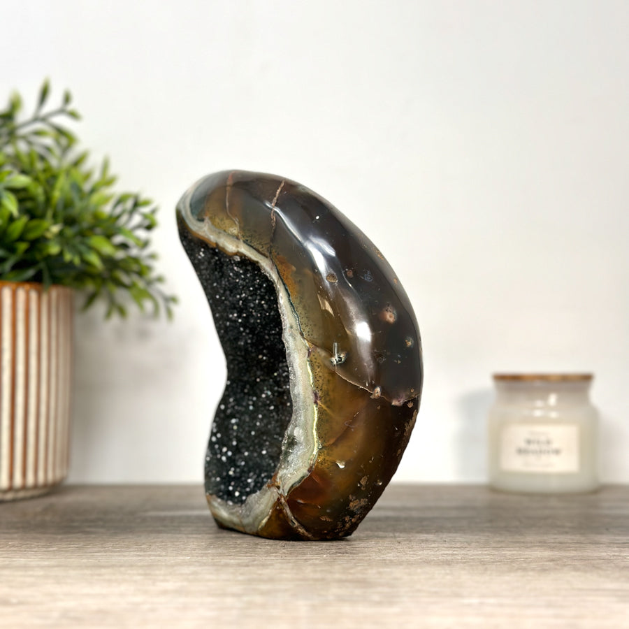 Natural Agate &amp; Green Quartz Druzy Stone Flame Carving - FST0168