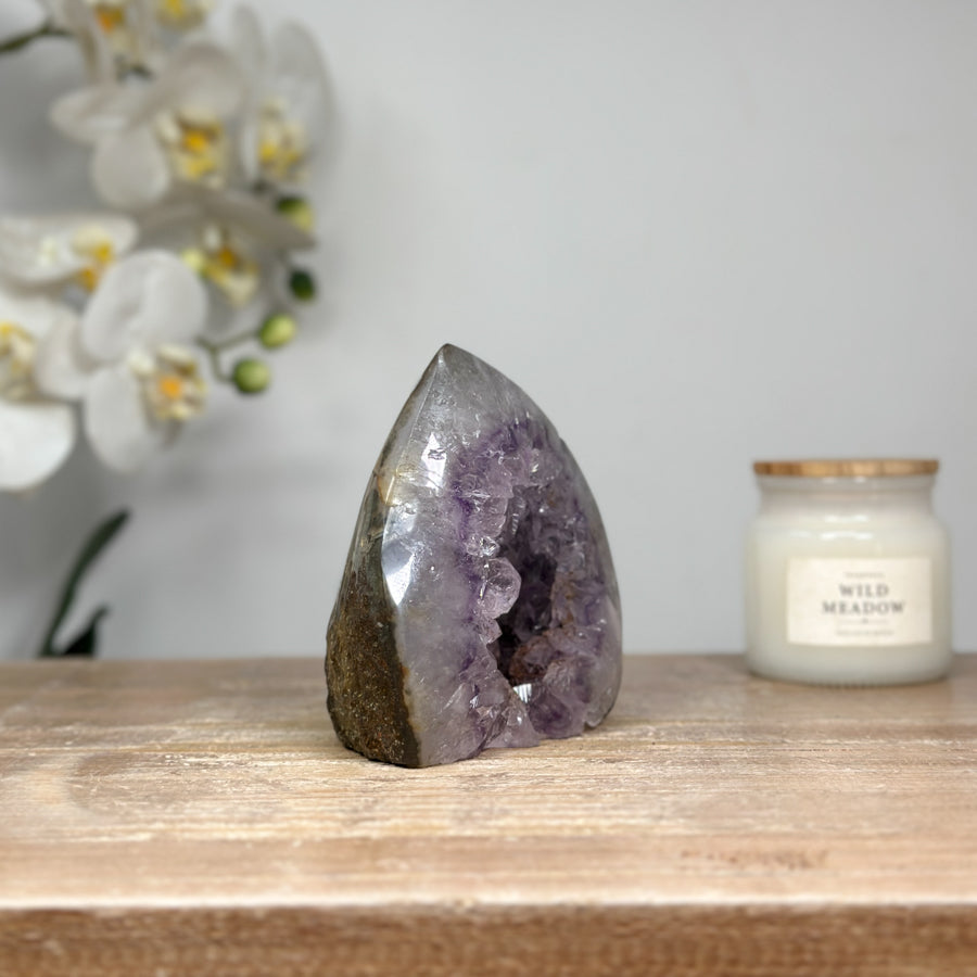 Amethyst &amp; Quartz Flame Caving Geode - FST0149
