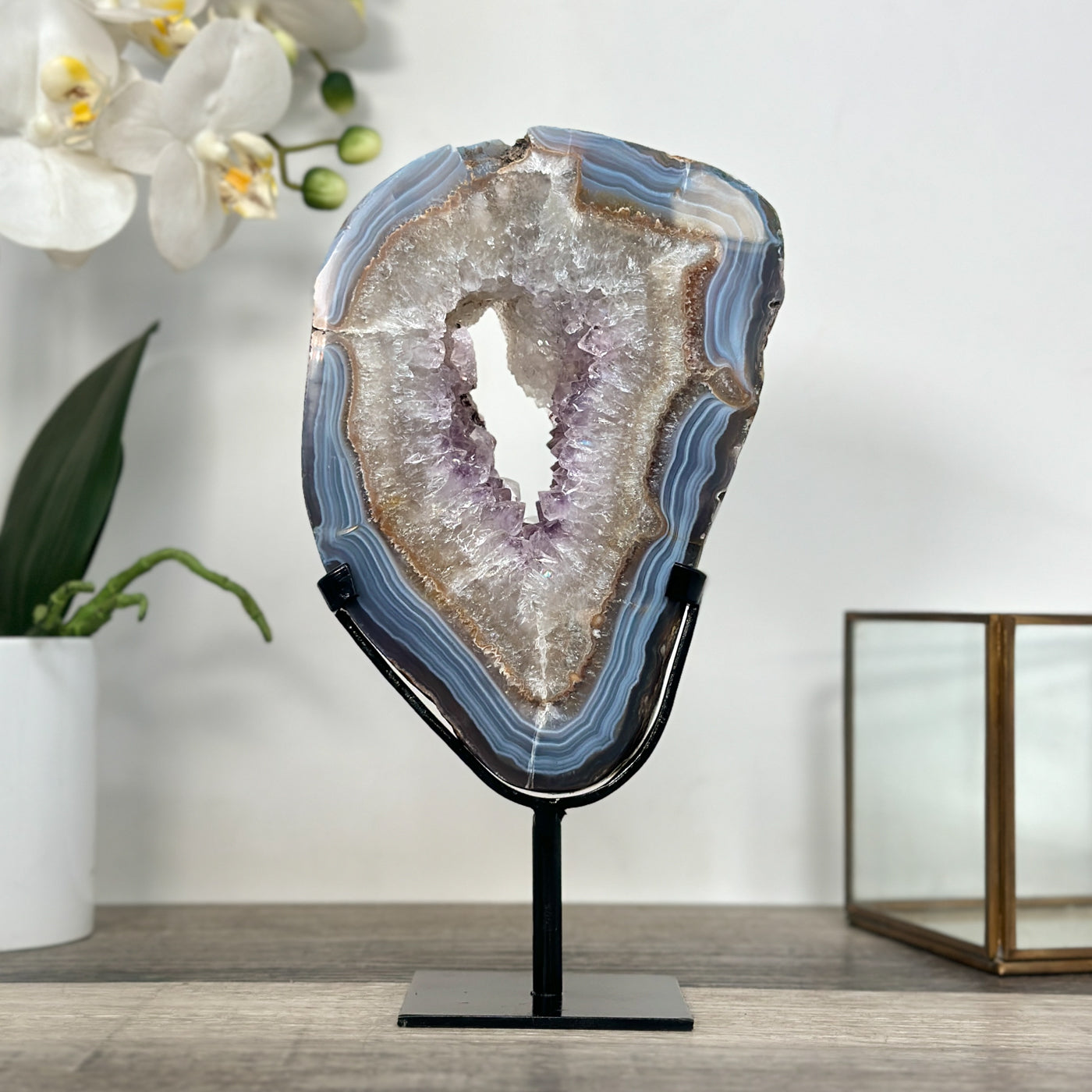 Blue Banded Agate and Amethyst Geode Slice - MWS2654