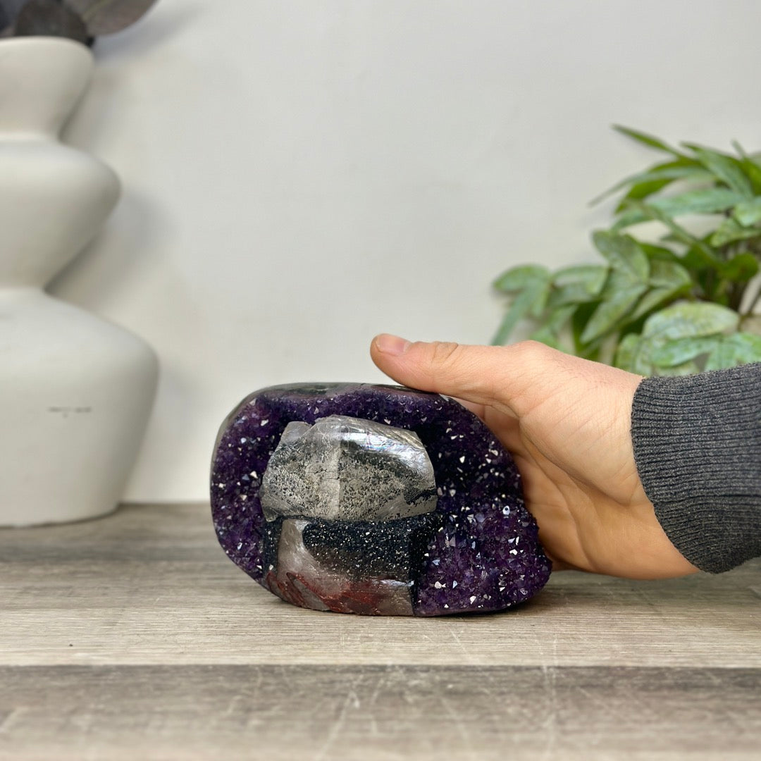 Natural Amethyst Geode with Calcite &amp; Black Hematite Inclusion - STGE0058