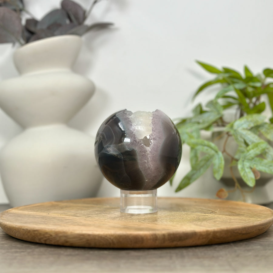Quartz &amp; Agate Sphere Geode with Calcite Crystal Formation - SPH0149