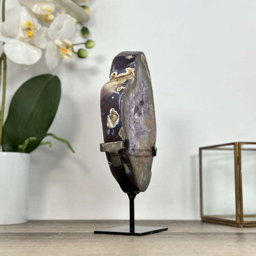 Agate Geode Slice with Purple Quartz Crystals - MWS2906