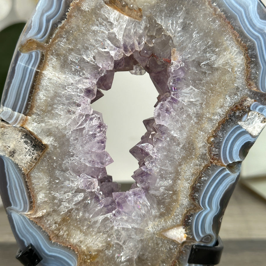 Agate Geode Slice with Amethyst Core – Unique Natural Display Piece - MWS2922