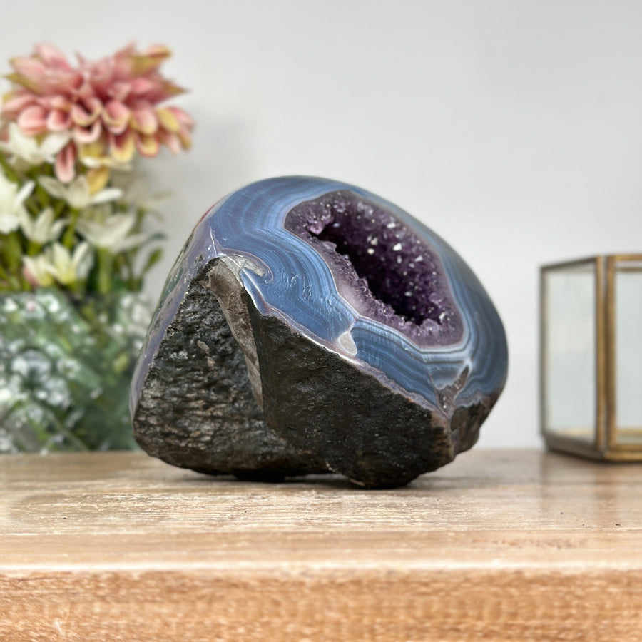 Amethyst &amp; Blue Banded Agate Stone Geode with Druzy Cavity - STGE0005