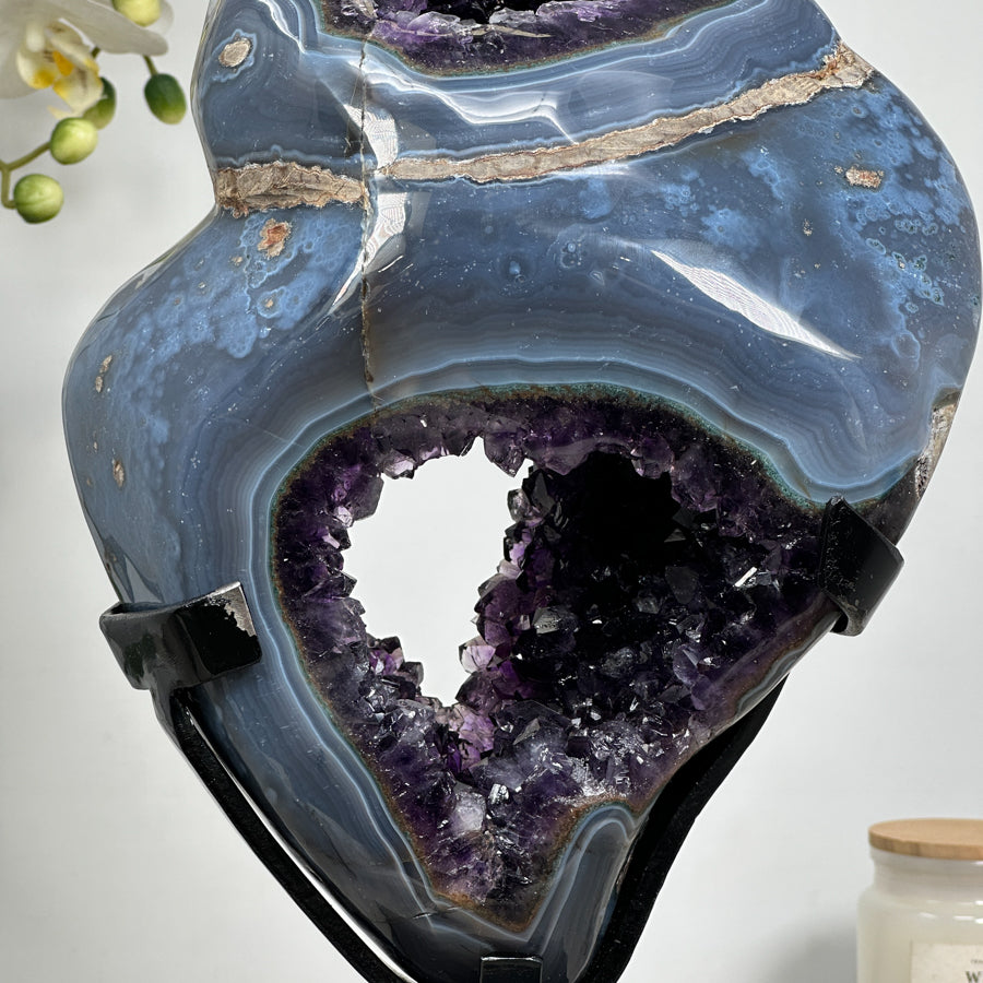 Natural Blue Banded Agate &amp; Amethyst Geode on Rotary Stand – Great for Altar Decoration or Mindful Spaces - MWS1518