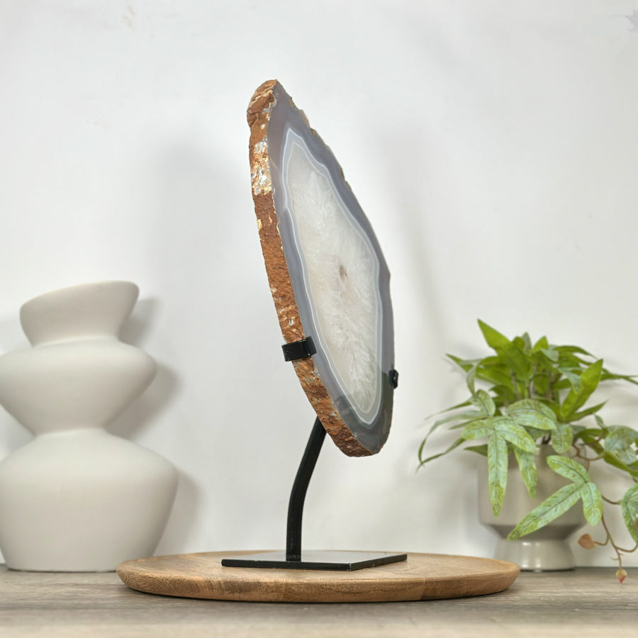 Polished Blue Banded Agate &amp; Quartz Stone Slice on Metal Stand - MWS3037