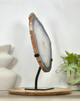 Polished Blue Banded Agate & Quartz Stone Slice on Metal Stand - MWS3037