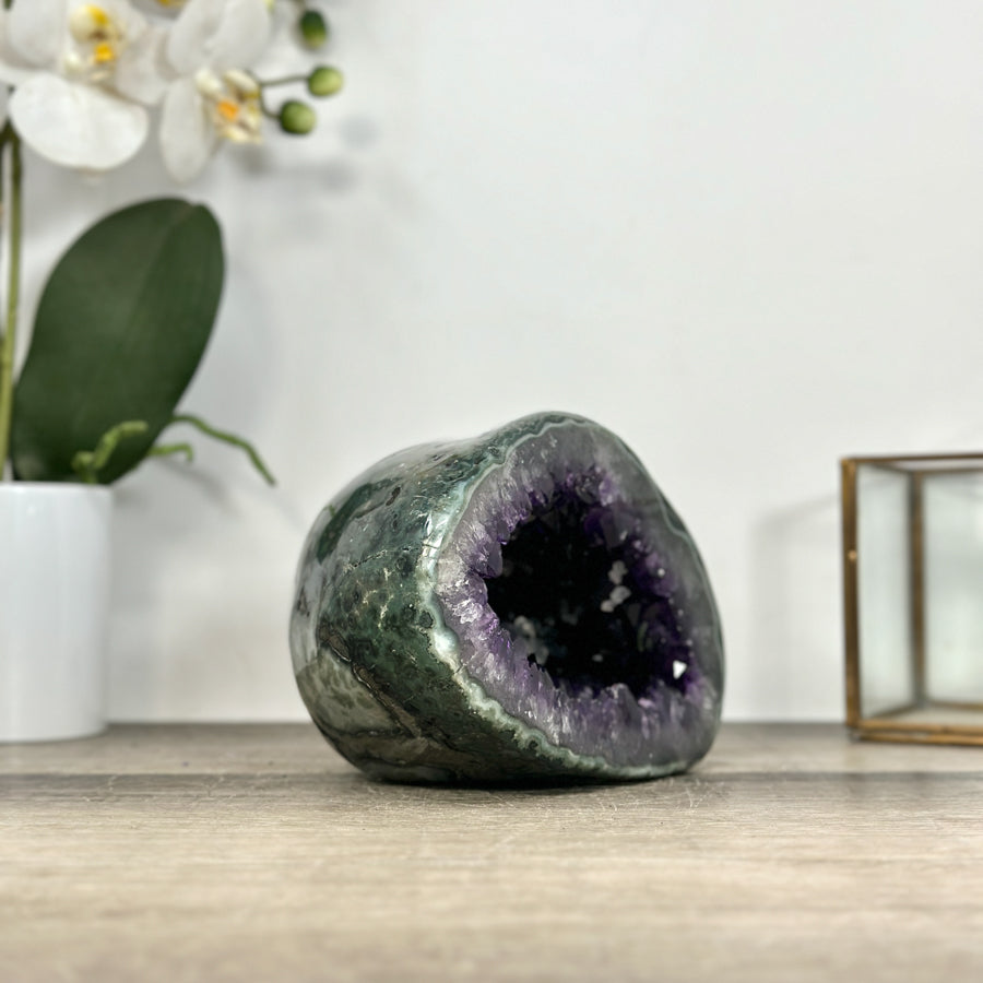 Natural Amethyst Geode with Green Jasper Shell &amp; Calcite Inclusions - STGE0024