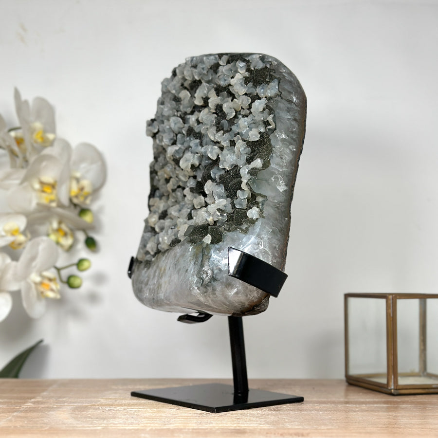 Unique Green Tone Sugar Quartz Geode with Calcite Inclusion - MWS1823