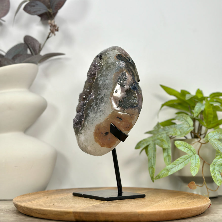 Natural Sugar Quartz Geode Mineral Specimen on Metal Stand - MWS3110