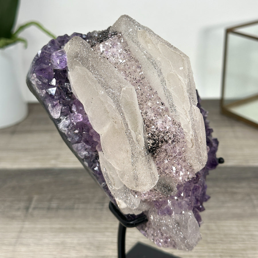 Natural Calcite &amp; Amethyst Specimen on Metallic Stand - MWS2766