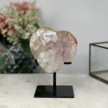 Natural Pink Sugar Amethyst Stone Heart, Metallic Stand Included - HST0187