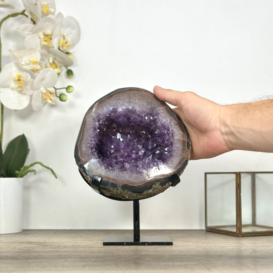 Natural Amethyst Geode with Polished Agate Shell - Stand Included - MWS3034