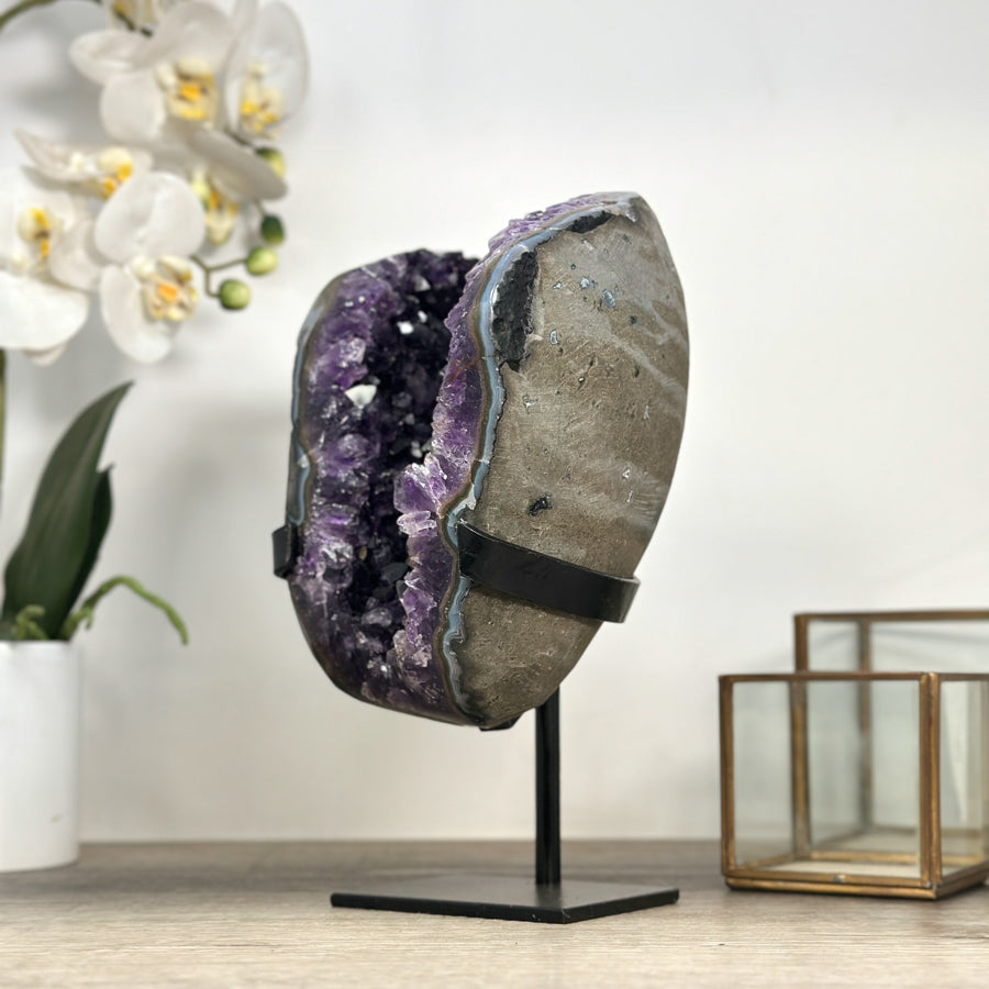 Beautiful Amethyst Geode with Blue Agate Shell - Custom made Metal Stand Included