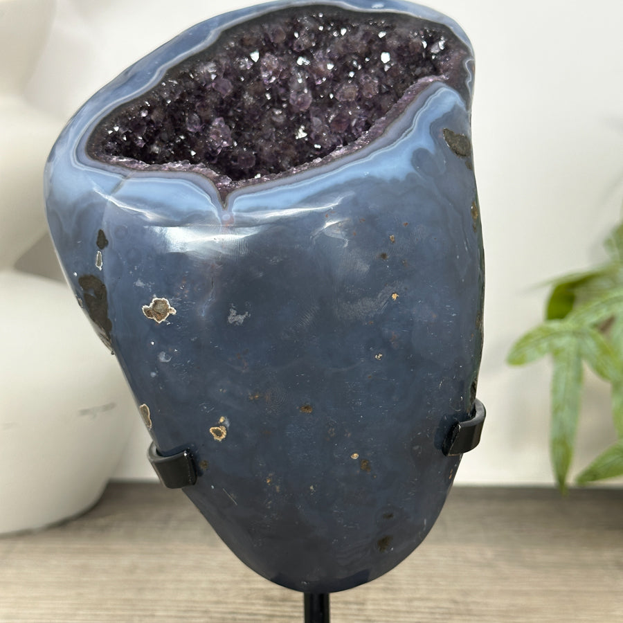 Polished Blue Agate &amp; Amethyst Geode on Stand - MWS3186