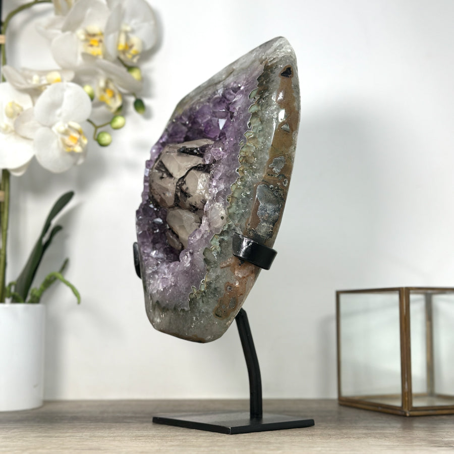 Rare Large Amethyst Geode with Quartz Shell &amp; Black Hematite Calcite Inclusion - MWS2535