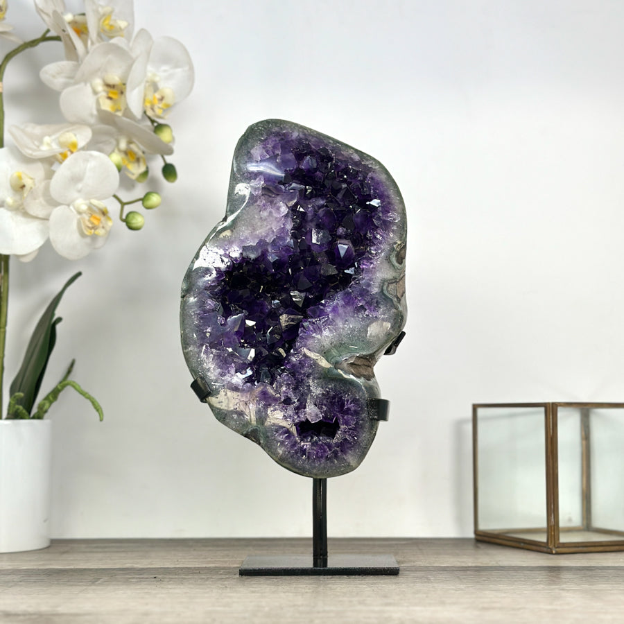 Large Natural Amethyst Stone with Green Jasper Shell on Metal Stand - MWS2820