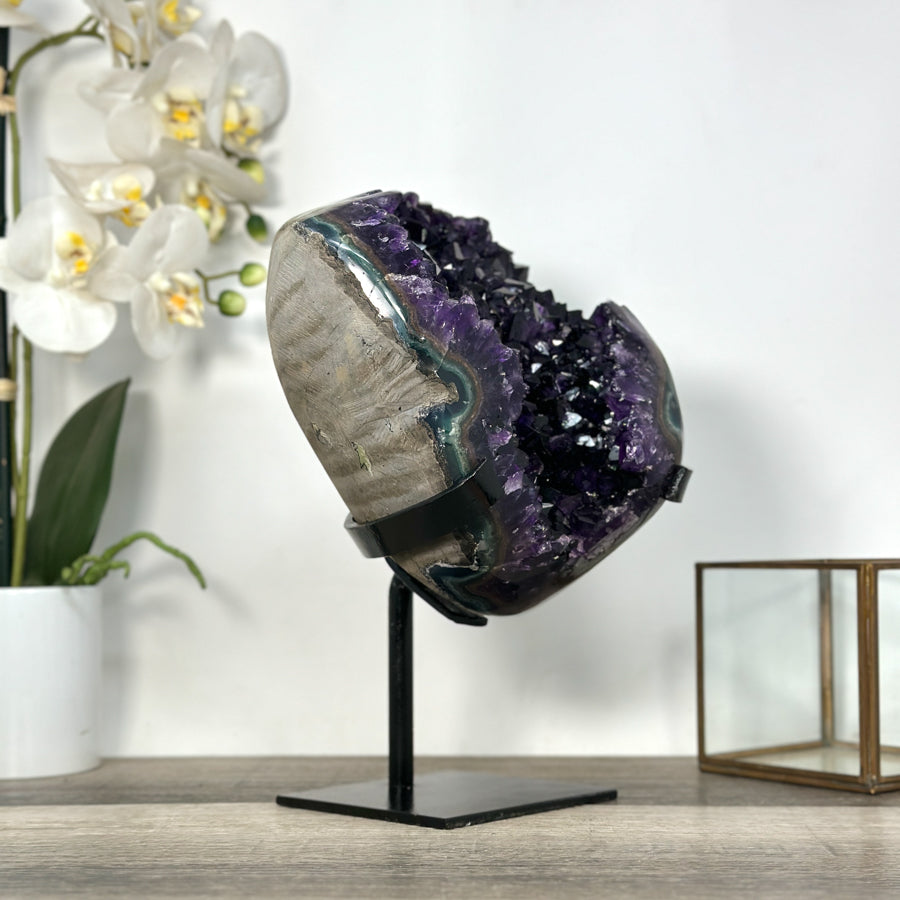 Deep Purple Amethyst Geode With Agate Shell on Metal Stand - MWS2742