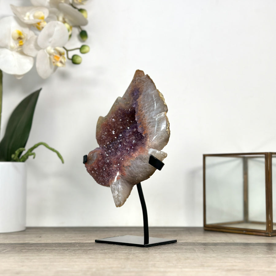 Pink Amethyst Stone Leaf Carving - Metal Stand Included - MWS2805