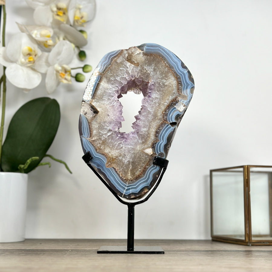 Agate Geode Slice with Amethyst Core – Unique Natural Display Piece - MWS2922