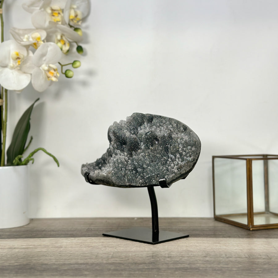 Gray Druzy Quartz Specimen on Metal Stand – Unique Crystal Display for Meditation Space Decor - MWS2712