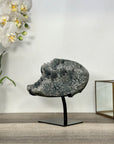 Gray Druzy Quartz Specimen on Metal Stand – Unique Crystal Display for Meditation Space Decor - MWS2712