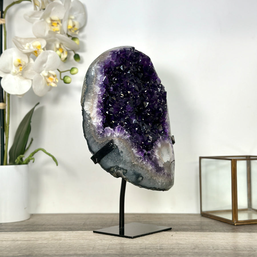 Large Deep Purple Amethyst Geode with Agate Shell and Metal Stand – Ideal Crystal Display - MWS2714
