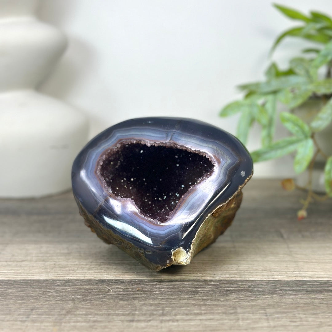 Natural Pink Amethyst Geode with Blue Banded Agate Shell - STGE0040